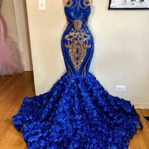 High Neck Gold And Royal Blue  Prom Dress